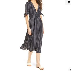 LIRA dress, size L, navy with grey pinstripes, button front, linen blend fabric